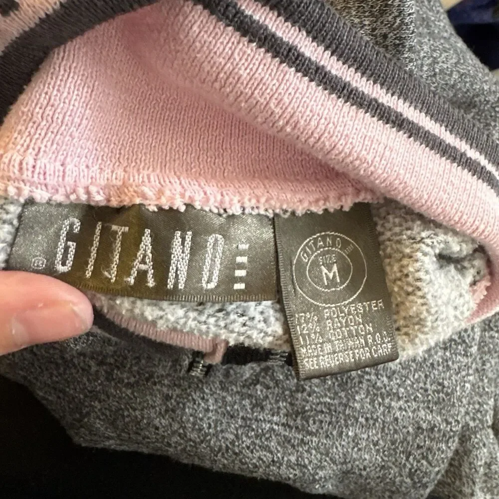 Vintage Gitano‎ Quarter Zip Up Grey And Pink  Pockets Medium